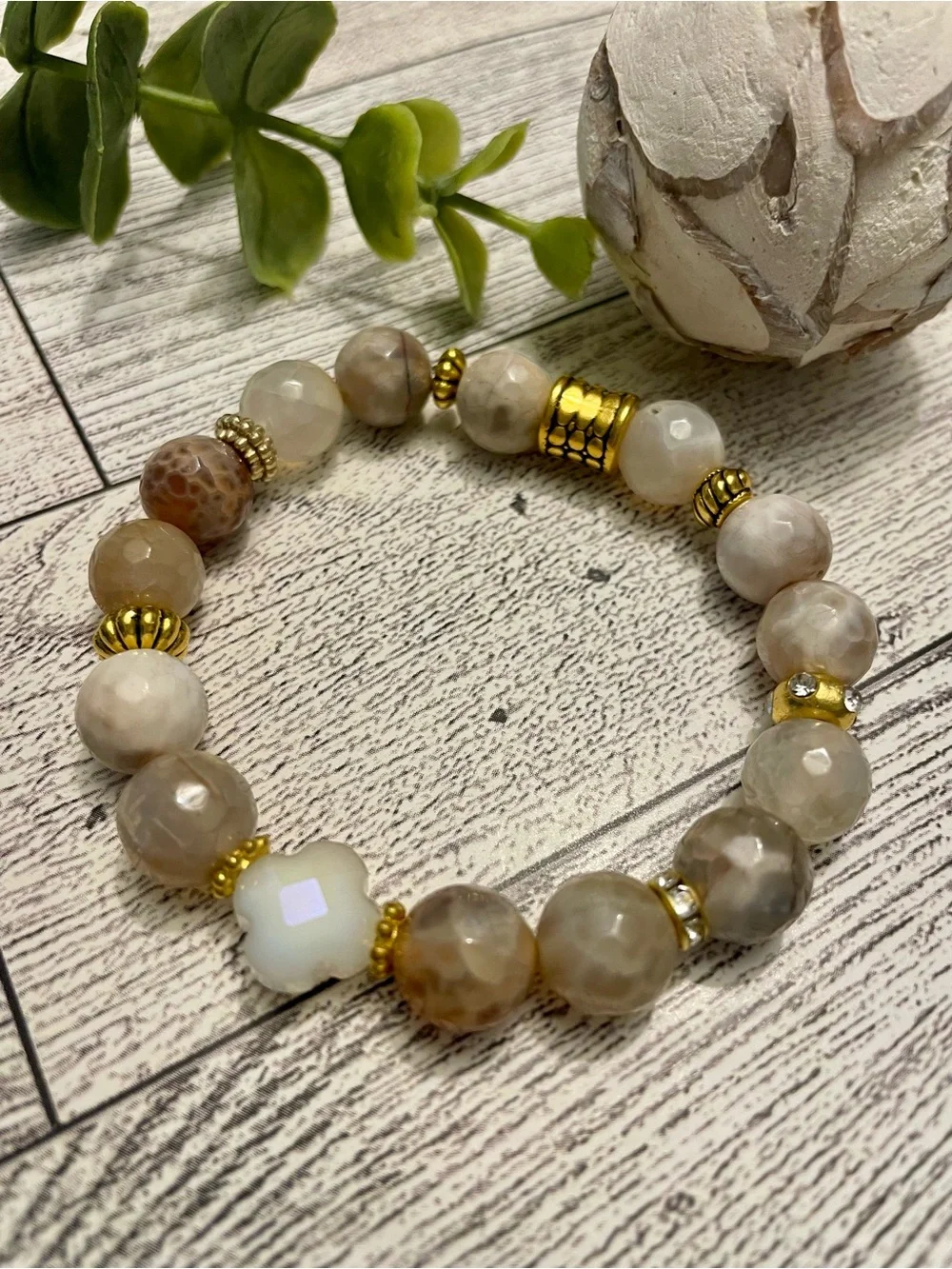 Cream Taupe Faceted Agate Bracelet with Clover and gold accents 10mm stretch